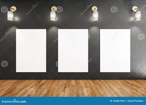 Minimalistic Gallery Interior With Three Blank Posters Stock