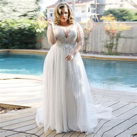 Elegant Beach Wedding Dress Plus Size V Neck With Lace Appliques Cap S
