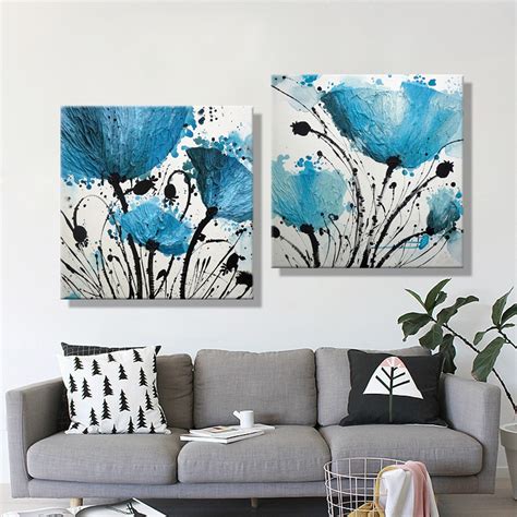 Modern Abstract Blue Flower Ink Painting 3 Piece Lotus Flower Cuadros
