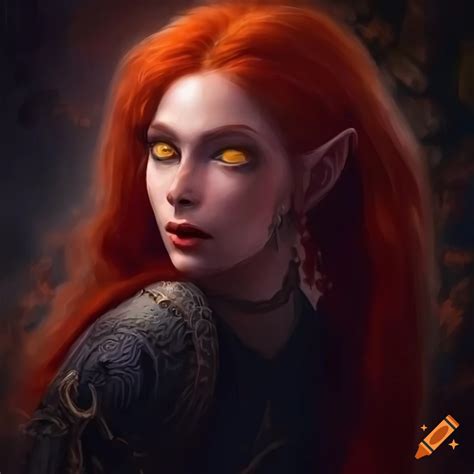 Artistic Depiction Of A Mysterious Red Haired Woman With Elven And