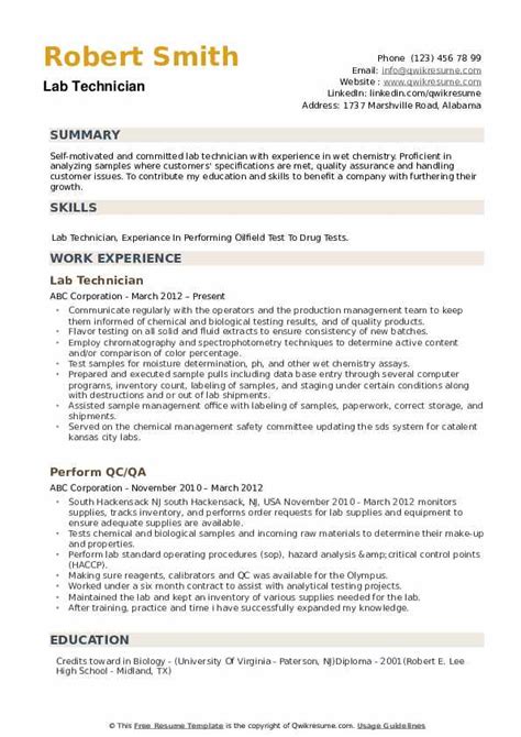 Now, take a deep breath. Lab Technician Resume Samples | QwikResume