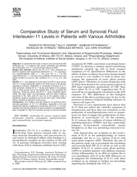 Pdf Comparative Study Of Serum And Synovial Fluid Interleukin 11