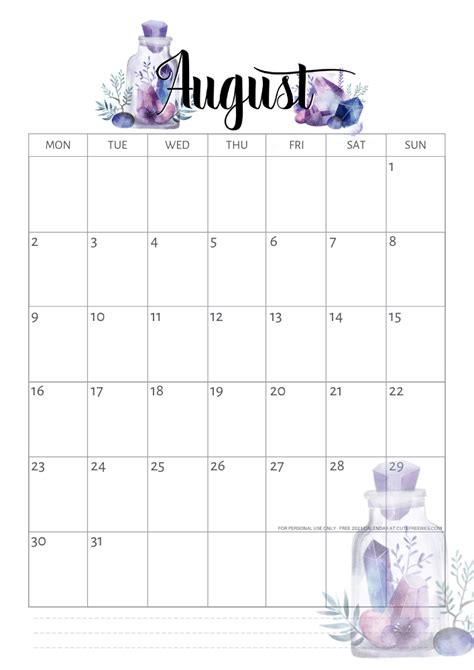 August 2021 Calendar Printable Crystals Cute Freebies For You