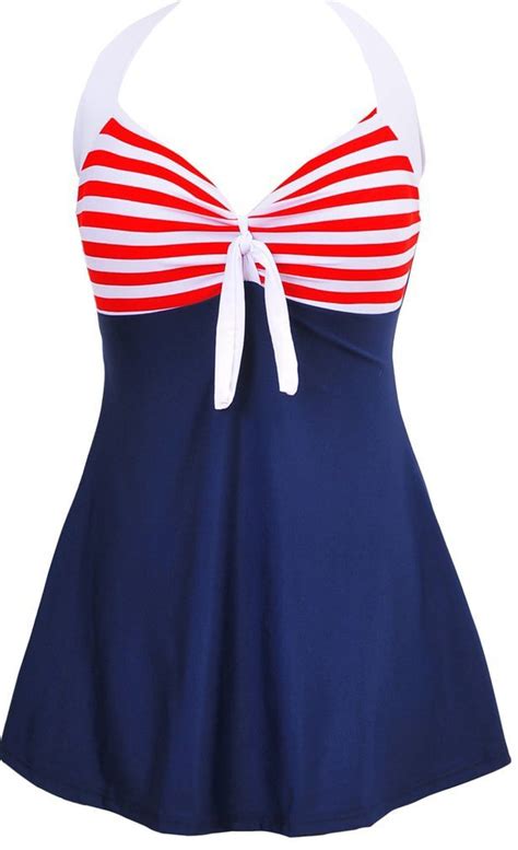 Womens Retro Vintage Sailor Pin Up Swimsuit Halter One Piece Skirtini