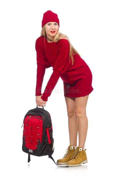 The Pretty Girl In Red Dress And Backpack Isolated On White Stock Image Image Of Pretaporter