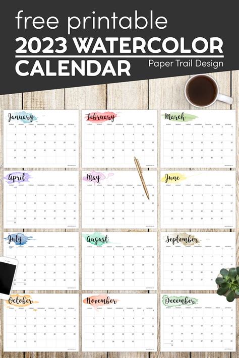 2023 Calendar Printable Watercolor Paper Trail Design Calendar