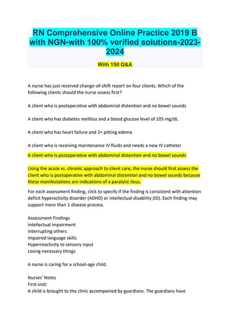 SOLUTION: Rn comprehensive online practice 2019 b with ngn with 100