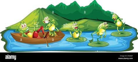 Happy Frogs At The Pond Illustration Stock Vector Image And Art Alamy