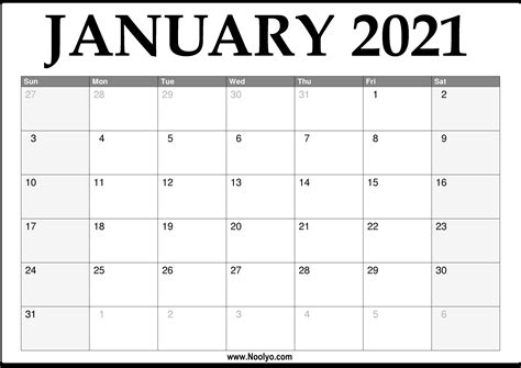 Monthly Calendar January 2021 Printable March