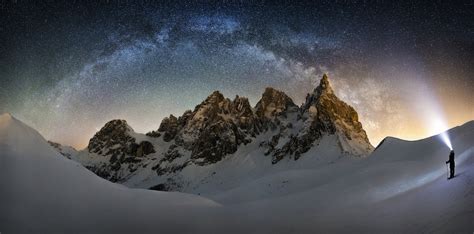 Skiers Nature Landscape Milky Way Snow Mountains Snowy Peak