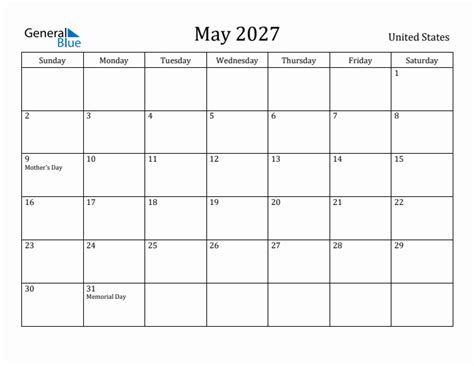 May 2027 Monthly Calendar With United States Holidays