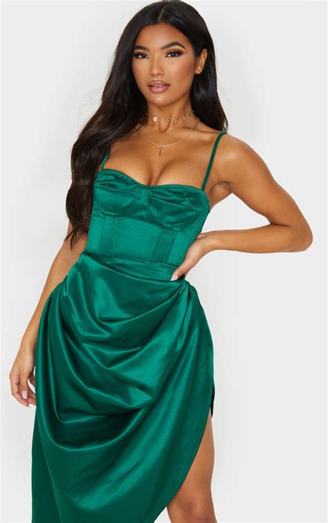 Emerald Green Satin Cup Detail Corset Prettylittlething Ca