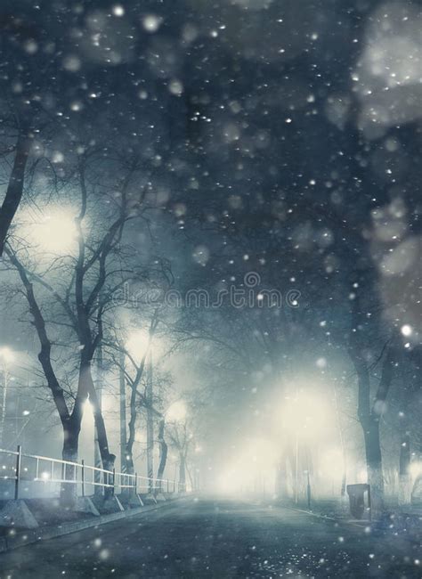 Snowfall In The Night Campus Of Moscow State University Stock Photo