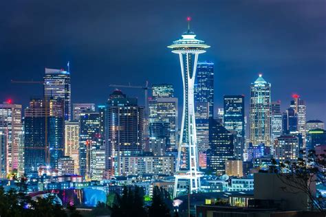 View Of The Seattle Skyline At Night In Kerry Park Seattle