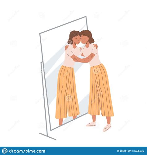 woman standing near the mirror and hugging her own reflection concept of self love and self