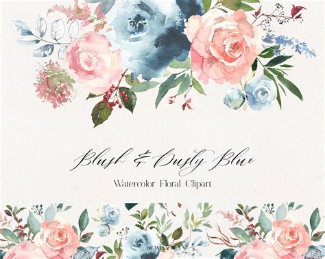 Blush And Dusty Blue Watercolor Floral Clip Art Png Bouquets Etsy India