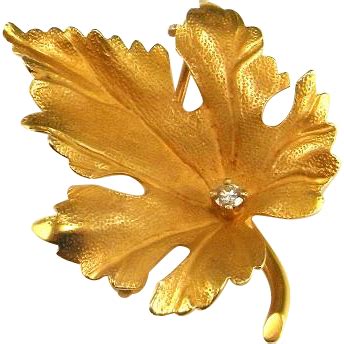 14K Gold Leaf Brooch Diamond Leaf Pin Yellow Gold Leaf ...
