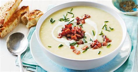 To make this potato soup recipe, simply: Creamy leek, potato and bacon soup