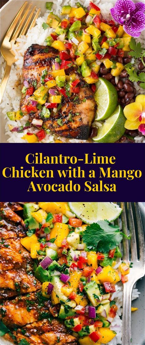 Coconut or avocado oil cooking spray, 1 cup unsweetened shredded coconut, ½ teaspoon paprika, sea salt and freshly ground black pepper, 1 egg, 1 pound medium wild shrimp, peeled, deveined, and tails removed, 1 cup diced mango or pineapple, ½ cup diced red bell pepper. Cilantro-Lime Chicken with a Mango Avocado Salsa | Mango ...