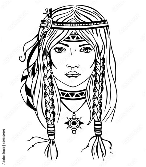Hand Drawn Indian Female Head Vector Illustration Tribal Theme
