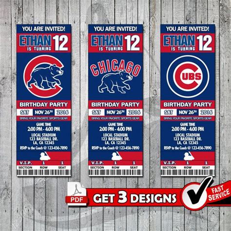 Baseball Chicago Cubs Printable Invitation Tickets by PDFBay | Ticket