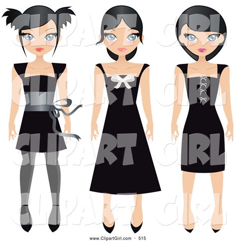 Clip Art Of A Trio Of Black Haired Teen Girls In Different Styled Black Dresses On A White