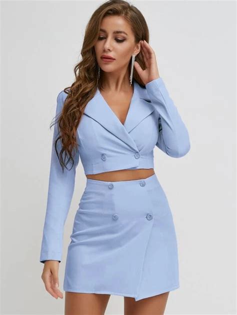Double Button Crop Blazer And Skirt Set Shein Usa Looks Vestidos