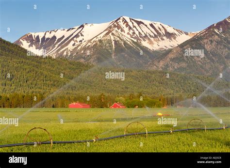 Farmland Near Joseph With Barn Irrigation And Wallowa Mountains Oregon