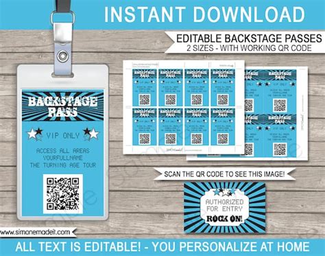Rockstar Party Backstage Pass Printable Concert Template Qr Code Vip Pass Instant Download