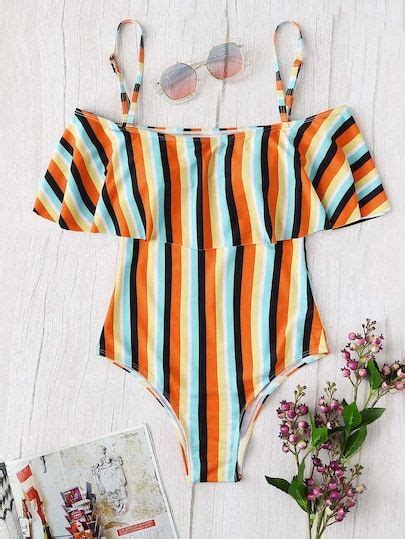 Shop Plus Striped Flounce One Piece Swimsuit Online Shein Offers Plus