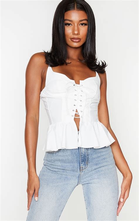 White Lace Up Corset Strappy Top Tops Prettylittlething