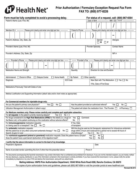 Prior Authorizationformulary Exception Request Fax Form Health Net