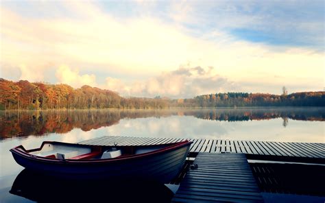 Nature Boat Pier Lake Clouds Fall Trees Forest