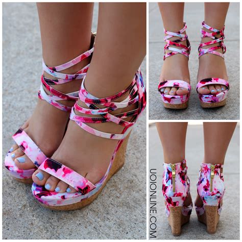 Strappy Pink Floral Wedges Womens Clothing Boutique