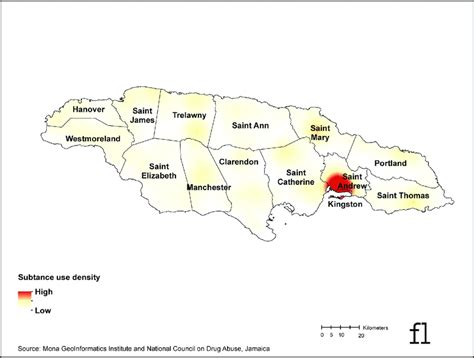 Current Substance Use Density Map Jamaica 2016 Geographic Data