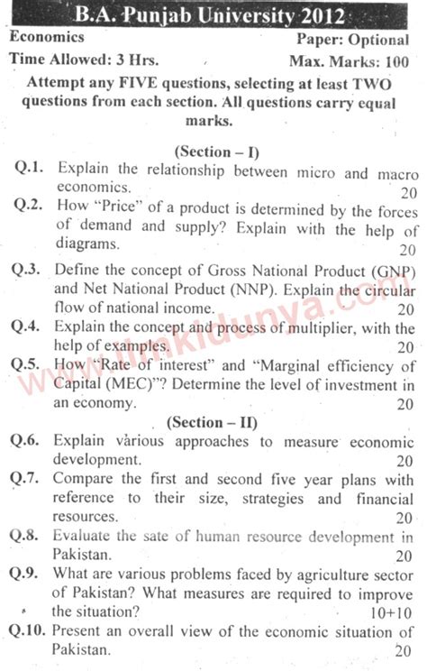 Past Papers 2012 Punjab University Ba Bsc Part 2 Economics Paper