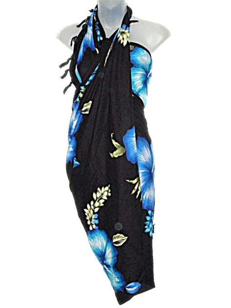 Hawaiian Long Sarong Black With Blue And Aqua Hibiscus Flowers Clothing Hawaiian