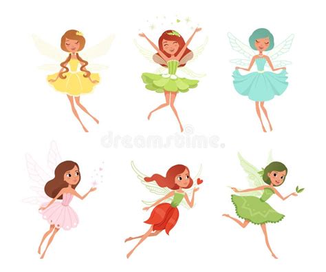 Cute Beautiful Little Winged Fairies Set Cartoon Vector Illustration