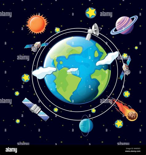 Space Theme With Satellites And Planets Around Earth Illustration Stock