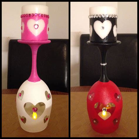 Wine Glass Candle Holder For Valentine With Hearts Matching Candle