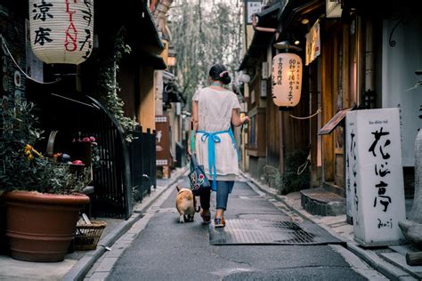 Back View Photo Of Woman Walking Her Dog On Narrow Alley · Free Stock Photo