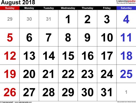 August 2018 Calendar Templates For Word Excel And Pdf