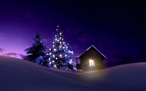 1680x1050 Resolution Christmas Lighted Tree Outside Winter Cabin