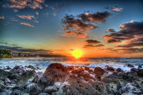 Oahu Hawaii North Shore Sunset Rocky Shore Seascape Art Photograph By