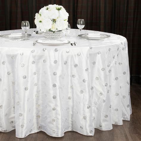 Sequin Embroidery Taffeta 132 Inch Round Tablecloth White At Cv Linens