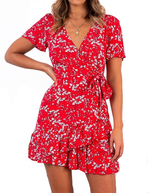 Relipop Summer Women Short Sleeve Print Dress V Neck Casual Short Dresses