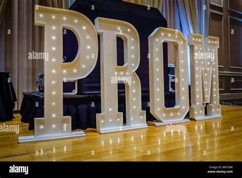 Huge Prom Sign On A Banquet Hall Wood Floor Stock Photo Alamy