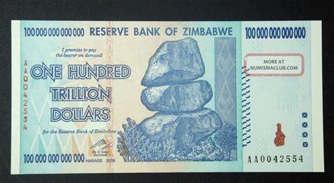 Zimbabwe 100 Trillion Dollar Bill 2008 Historical High Inflation Banknote