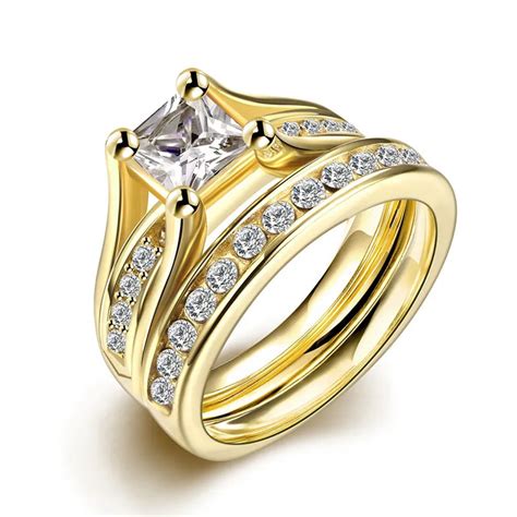 316l Stainless Steel Wedding Ring With Gold Color Zircon Bridal Sets