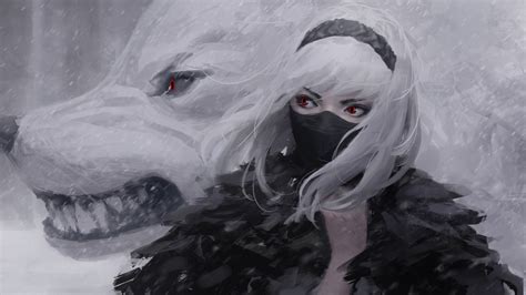Download 1920x1080 Anime Girl And Wolf Beautiful Mask Red Eyes